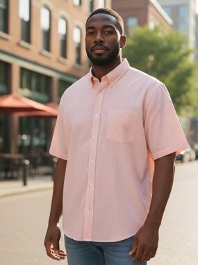 Hathaway Men’s Pink Red Pinstripe Short Sleeve Button Down Shirt Size 17.5 33